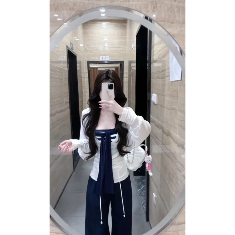 梦优莱女生韩系ins衣服防晒罩衫T恤女装秋季修身显瘦条纹抹胸背心