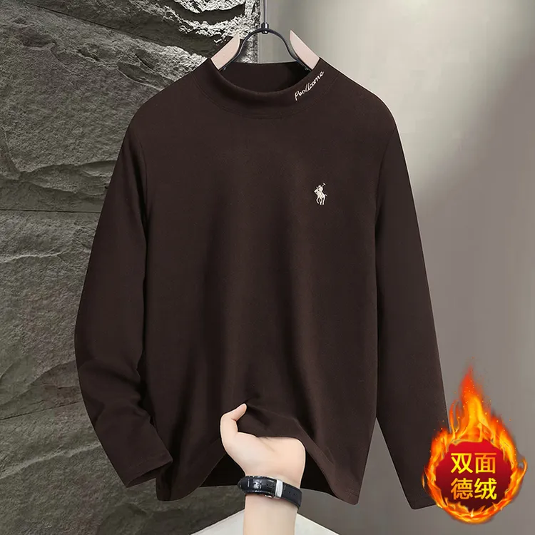 秋冬季新款男士德绒打底衫时尚潮流双面绒保暖内搭长袖半高领刺绣