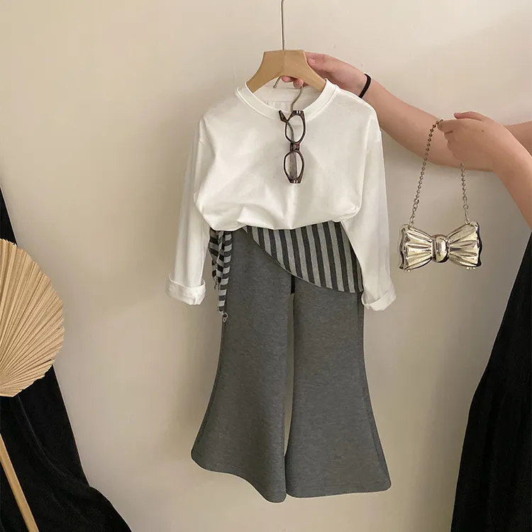 【安安家】女童秋季长袖上衣披肩百搭微喇叭裤子潮流三件套Z-KXE030