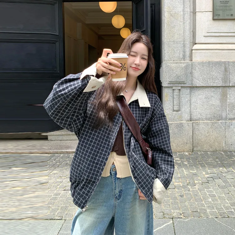 两面穿复古格纹工装外套2025春秋新款小众设计感韩系显瘦短款夹克