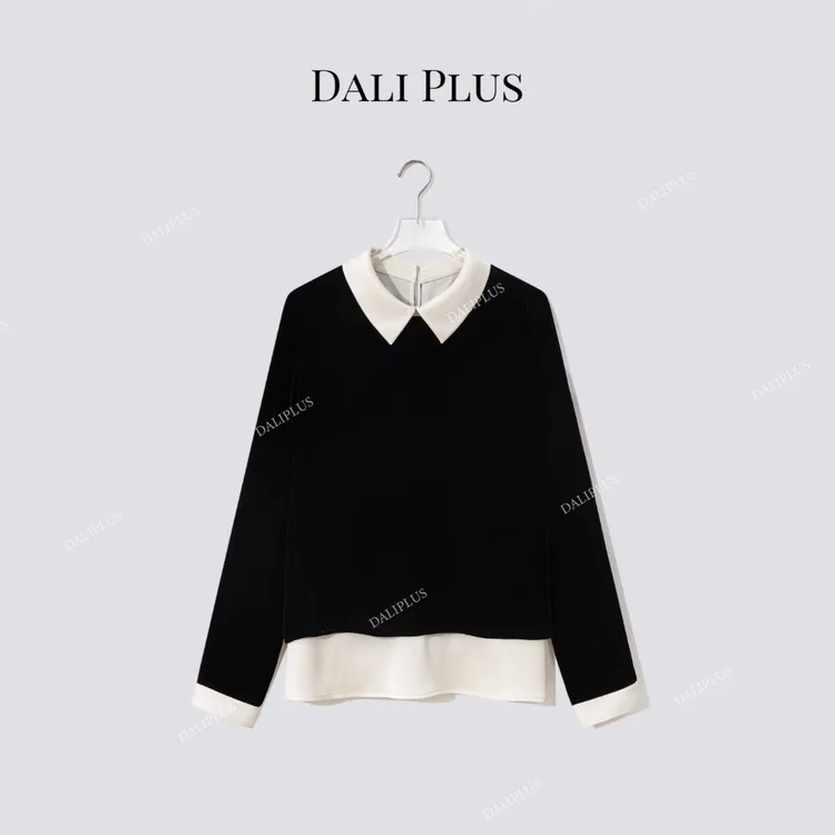 DALI PLUS“通勤小翻领100真丝丝绒衬衫”黑白撞色上衣-D5ST1326