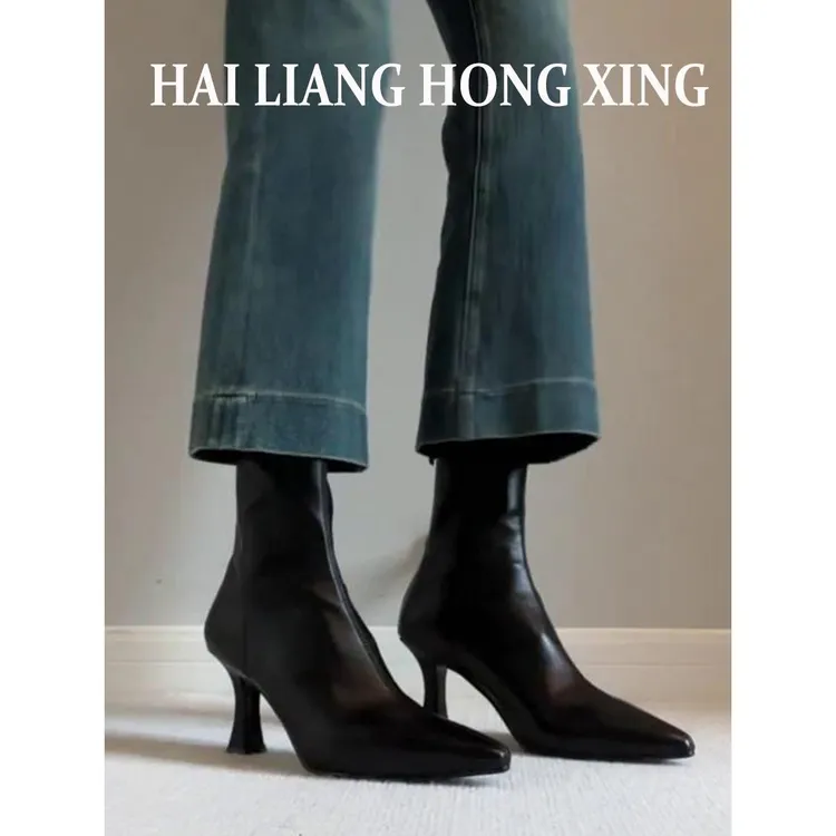 软皮版~黑色尖头高跟短靴女秋冬新款细跟气质百搭单靴弹力瘦瘦靴