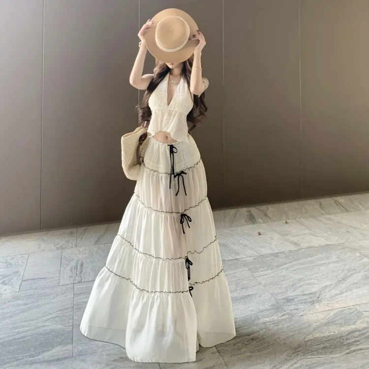 度假风岛屿穿搭性感露背V领大长裙飘逸纱裙比基尼泳衣沙滩度假