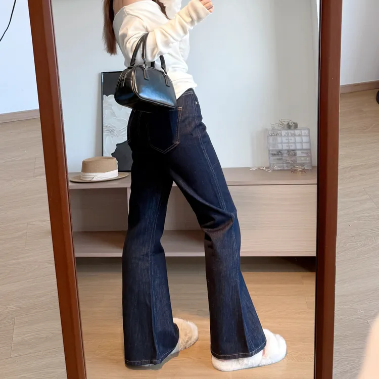 秋季新款高腰显瘦弹力丹宁蓝微喇牛仔裤女款