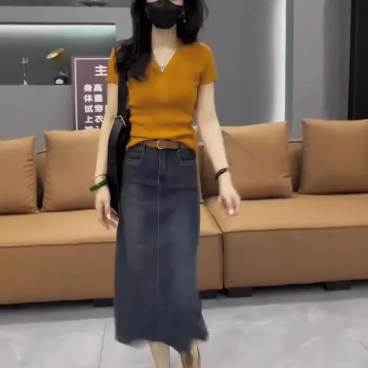 新款简约V领修身短袖上衣高腰显瘦半身裙女装