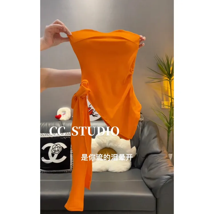 2025夏季新款美式辣妹收腰不规则绑带抹胸女时尚性感美背带胸上衣