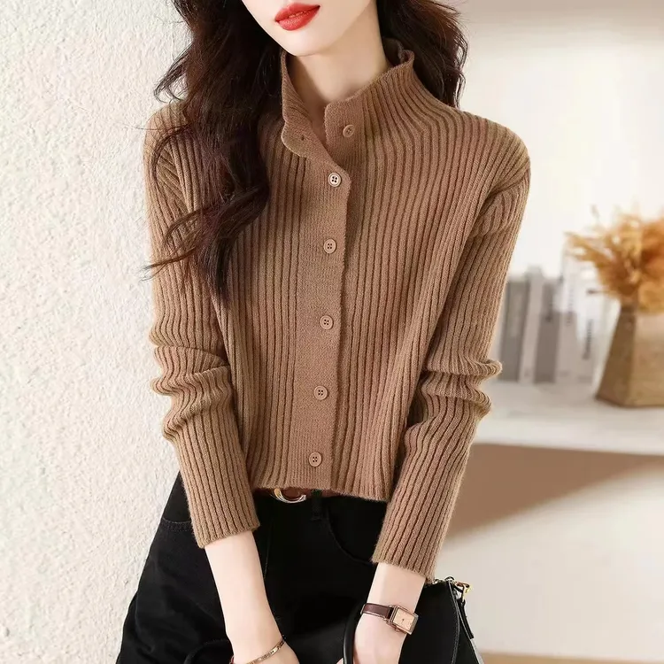 蔻菲图冬季新款时尚女装设计感老钱风针织开衫秋冬内搭短针织毛衣