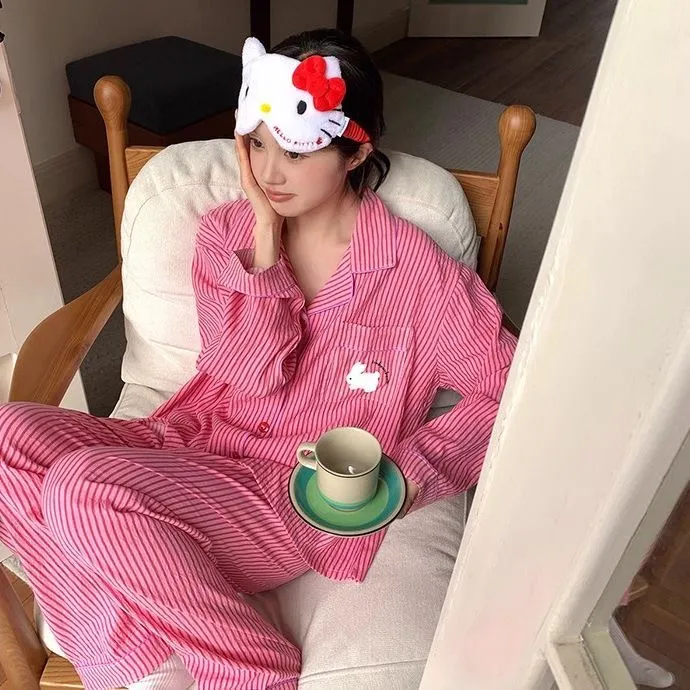 可爱卡通条纹睡衣女秋季新款甜美小兔长袖长裤宽松舒适家居服套装
