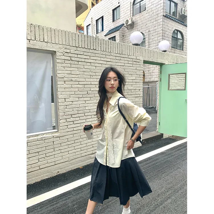春夏5101002025蕾丝衬衫宽松时尚上衣长袖优雅别致女系带翻领黄峥
