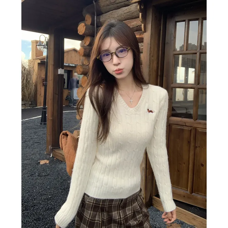 morning bloom刺绣v领麻花针织衫新款哥特浪漫毛衣休闲外穿上衣