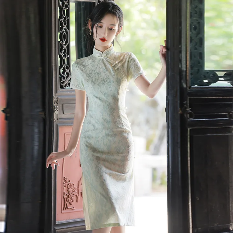 民国复古旗袍旗袍装2025年轻款绿色高级感夏显高改良小个子少女