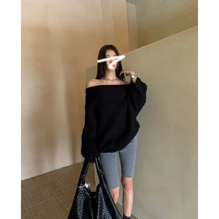 CESTSIBO法式斜肩麻花长袖毛衣女冬季新款慵懒风宽松显瘦漏肩上衣