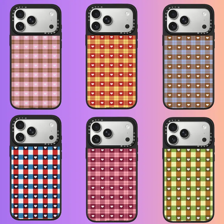 秋冬女款复古粉色爱心格纹镜面iPhone17/16/15苹果手机壳磨砂防滑