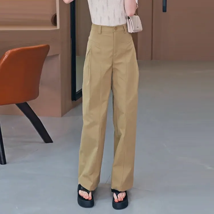 拉夏贝尔卡其色压褶高腰休闲长裤女2025夏季新款宽松薄款直筒裤子