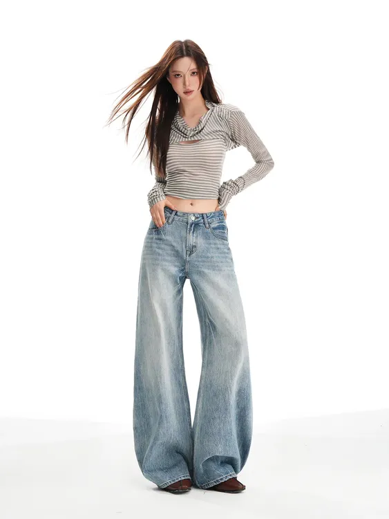 有米水洗浅蓝色弯刀直筒牛仔裤女2025秋季新款宽松垂感阔腿拖地裤