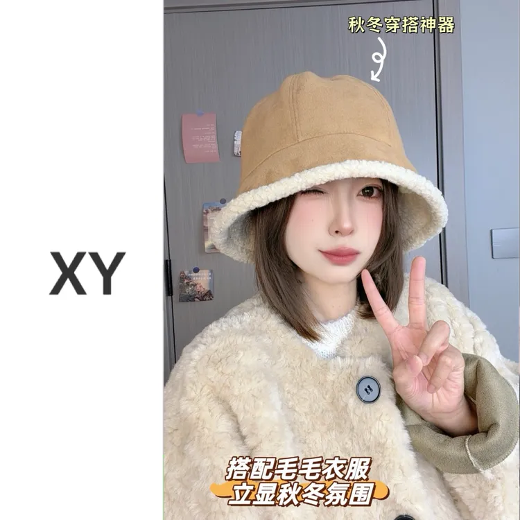韩版秋冬纯色保暖毛绒绒冷帽双面加厚百搭显脸小圆顶六片渔夫帽