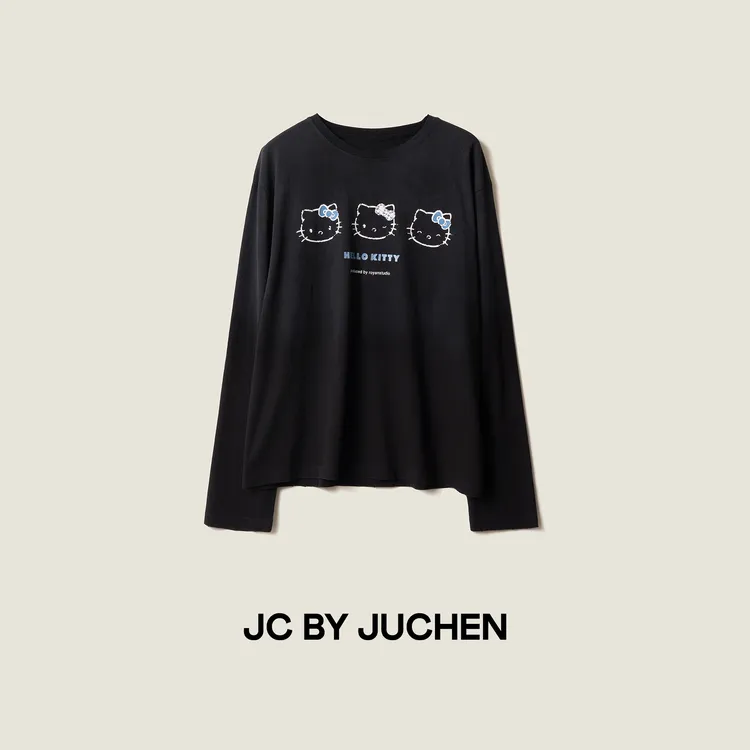 三只kitty猫点钻斑驳做旧洗水舒适棉质宽松长袖T恤 FW117019-195