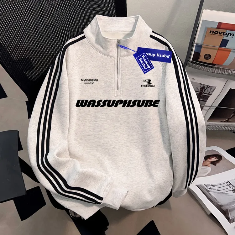WASSUP HSUBE美式复古三条杠半拉链立领卫衣棒球服男女休闲情侣款
