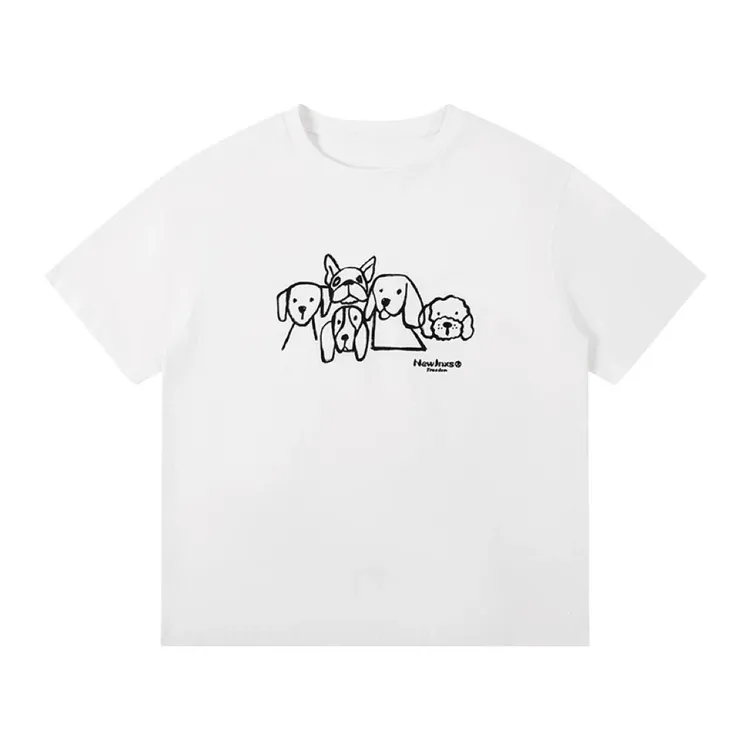夏季2025新款美式复古小狗印花纯棉短袖T恤男情侣装黑色半袖上衣