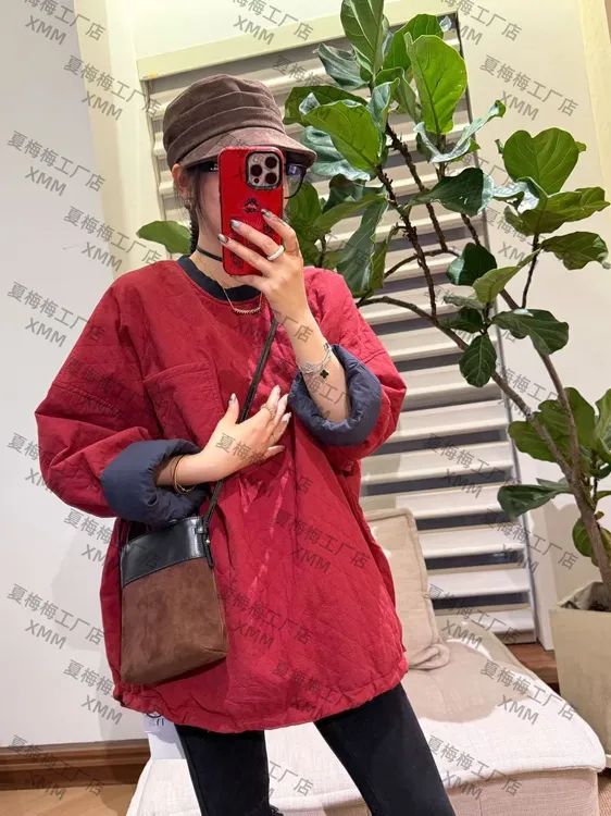 XMM.【菱形格套头棉衣】时尚百搭宽松休闲长袖秋季加厚圆领衣H53777