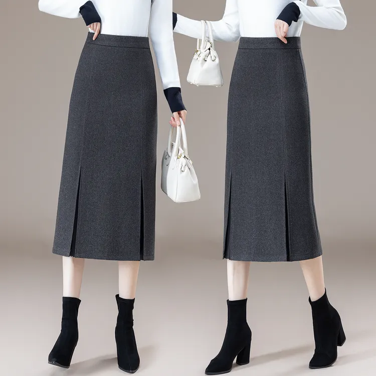 羊毛呢半身裙女秋冬2025新款气质高腰中长款双开叉a字包臀一步裙