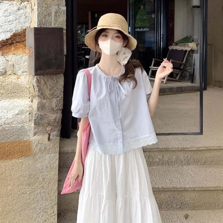 蓝色短款衬衫上衣法式套装女夏季2025小众新款白色半身裙两件套