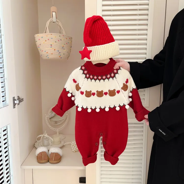 宝宝喜庆衣服过年拜年服婴儿圣诞连体衣加厚冬装幼儿外出哈衣爬服