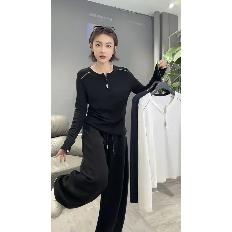 欧洲站2025秋季新款韩系拼接拉链t恤女长袖修身显瘦圆领打底衫潮
