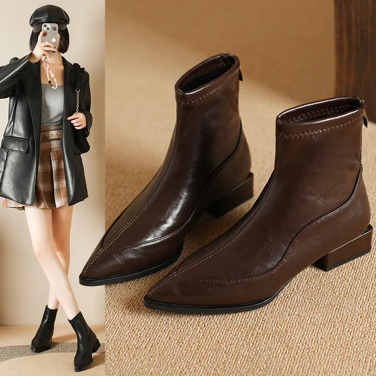 尖头气质短靴女2025新款秋冬季加绒靴子时尚粗跟复古弹力瘦瘦靴