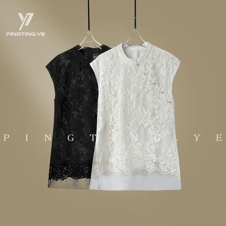 PINGTING.YE新中式复古钩花国风网纱拼接蕾丝上衣69619