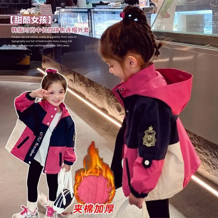 女童儿童冲锋衣冬装外套2024新款秋冬款加厚连帽风衣夹棉保暖外套