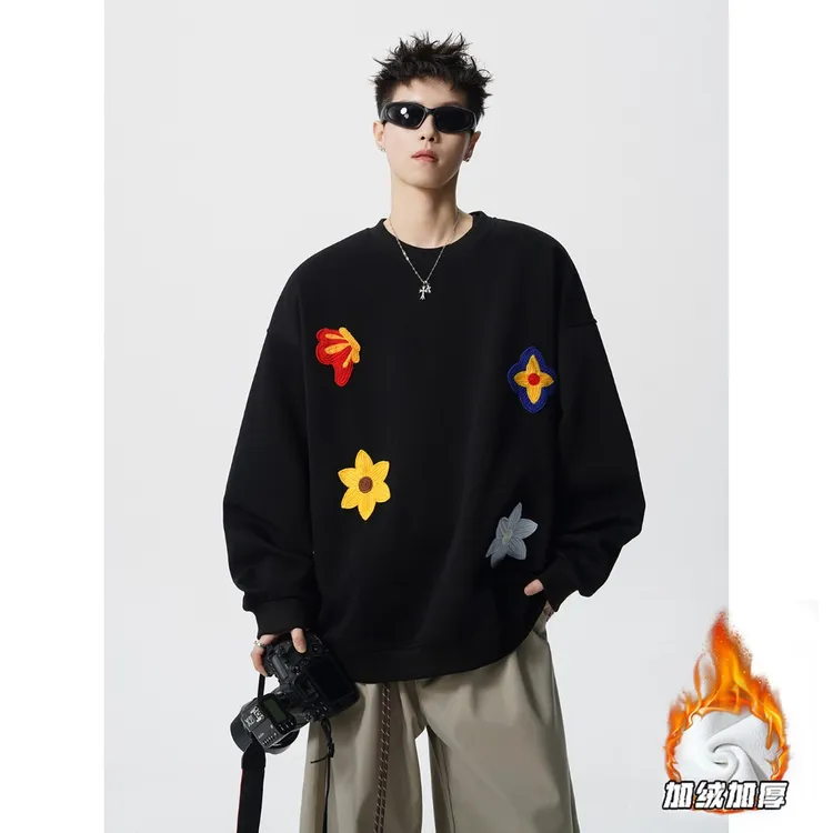 花卉刺绣重磅圆领卫衣男秋冬潮牌加绒加厚宽松设计感百搭休闲上衣