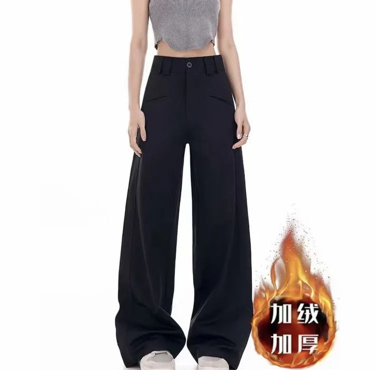 梨形身材八字口袋黑色西装裤女秋冬加绒加厚胖mm显瘦百搭微喇裤子
