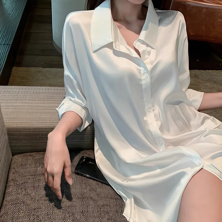 【男友风】网红轻奢春夏睡裙衬衫外穿长款纯欲风白衬衫宽松大版睡衣