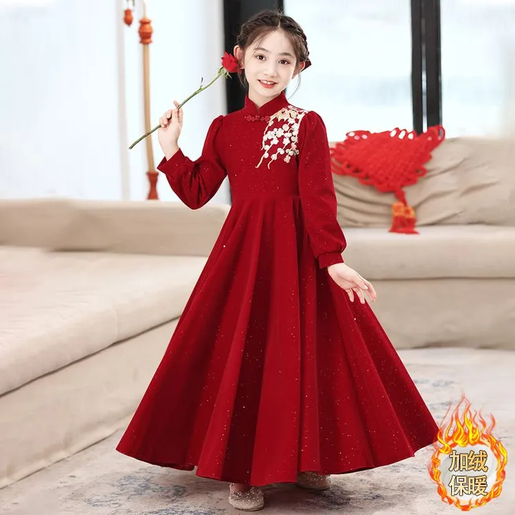 A字裙中国风女连衣裙新中式高端礼服保暖公主裙秋冬长袖冬季红色