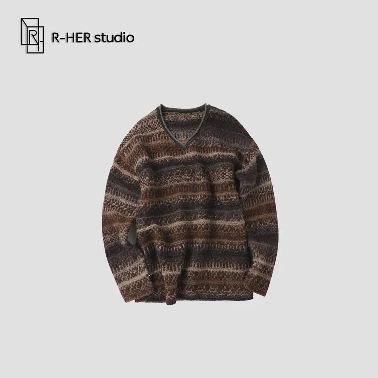 R-HER“费尔岛”设计师复古绵羊毛提花费尔岛拼接V领针织毛衣S2519