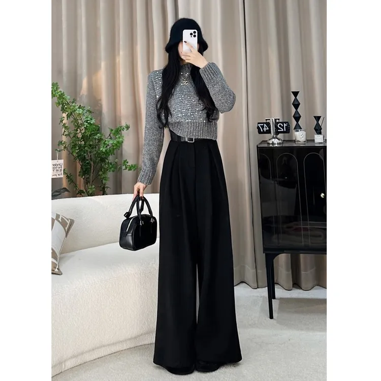 冬款【加厚700克重】毛呢捏褶带腰带百搭裤