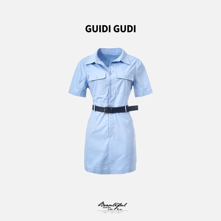 GUIDI GUDI【清冷永存】亚麻气质短袖连衣裙 /黄加蓝 L9521314H