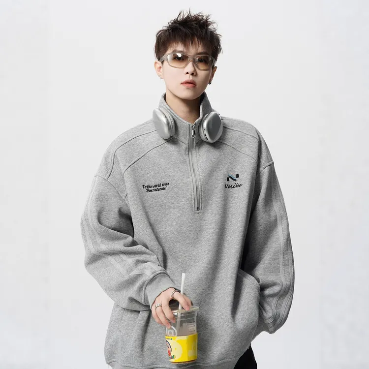 美式潮牌刺绣POLO衫男秋高街复古半拉链立领外套宽松运动长袖卫衣