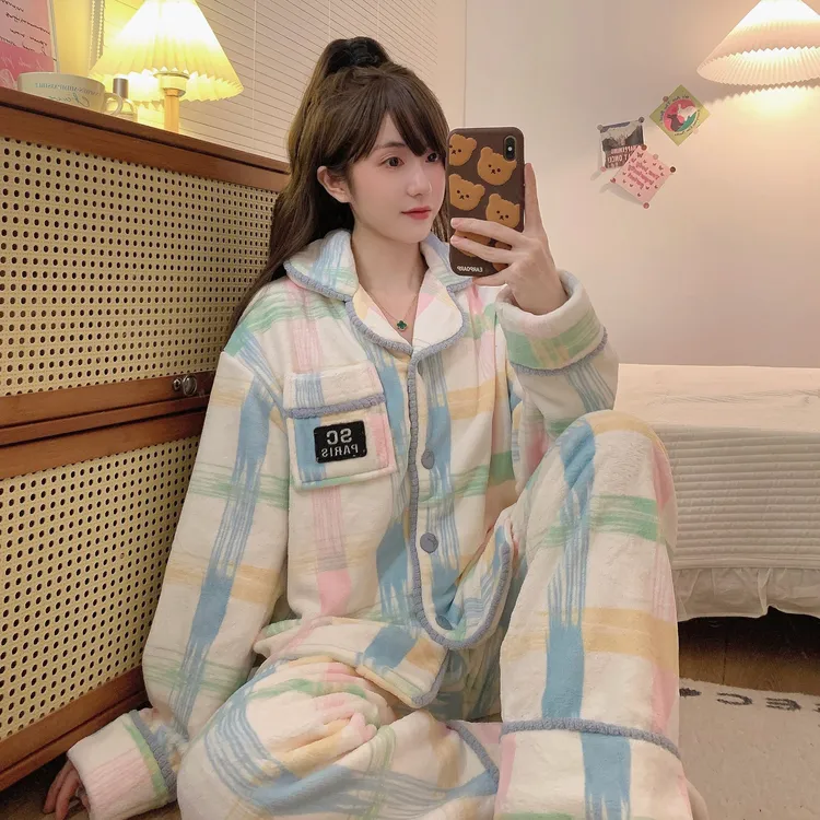 秋冬星空绒翻领长袖冬季保暖睡衣家居服套装甜美加厚宽松