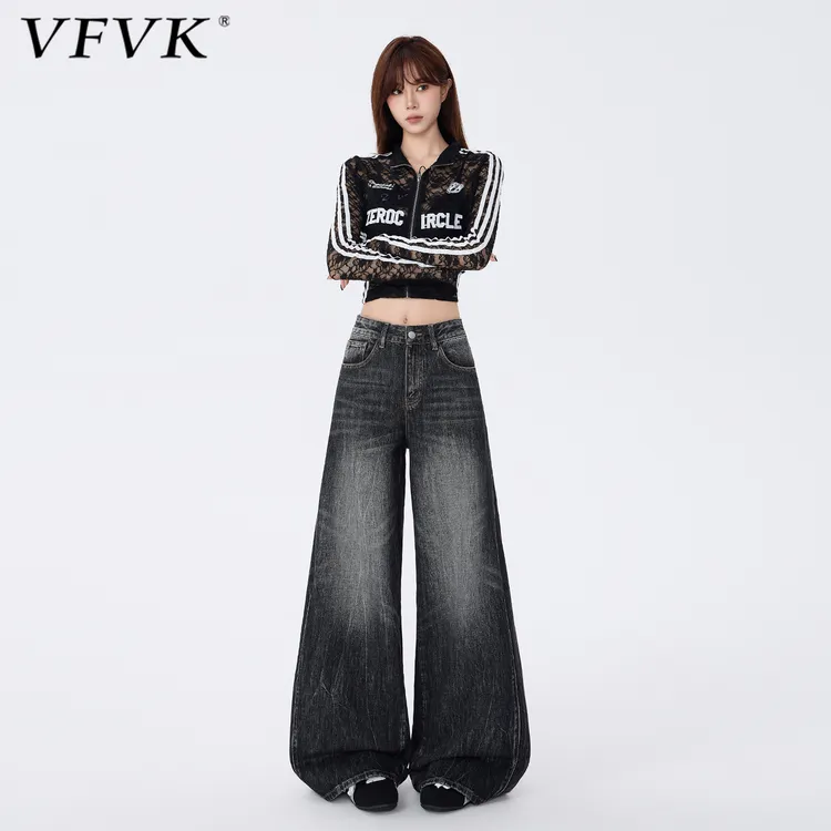 vfvk黑灰色牛仔裤女2025新款秋季裤子女款阔腿裤高腰垂感梨型身材