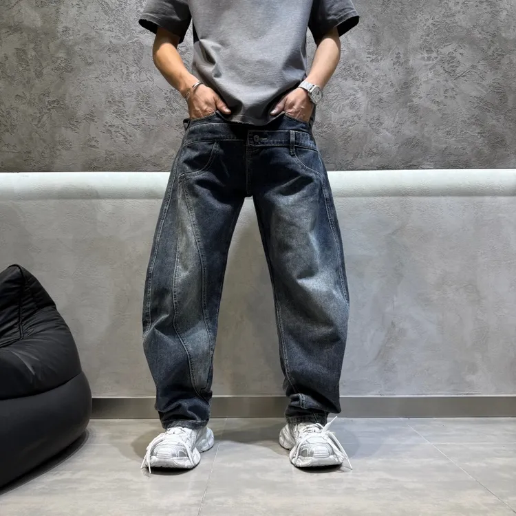 2025山海原创设计男款美式潮牌牛仔裤弯刀裤水洗做旧宽松百搭长裤