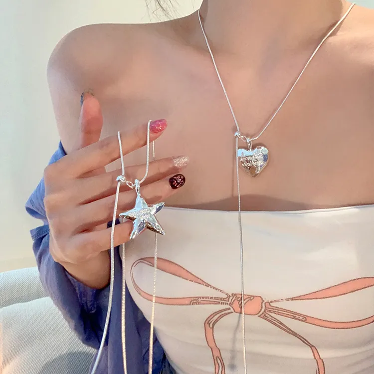 合金项链 银色爱心星星字母抽拉项链女小众高级感毛衣链颈链配饰