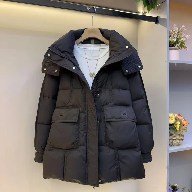 冬季加绒加厚款纯色连帽黑色中长款宽松女士