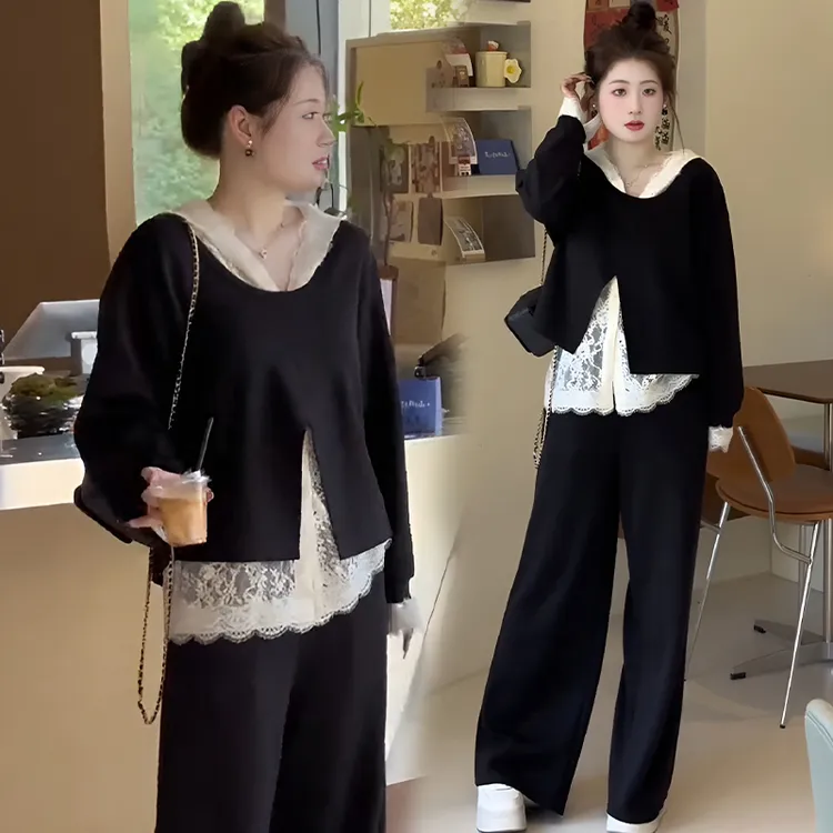 春秋时尚高级感裤套装女2025新款蕾丝拼接上衣显瘦长裤休闲三件套