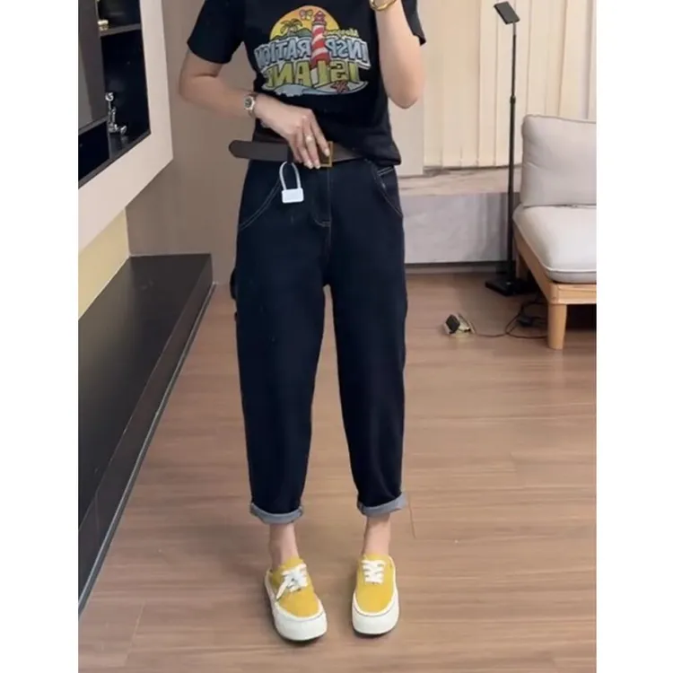 大码设计感工装哈伦牛仔裤女2025年秋季新款小个子弹力显瘦老爹裤