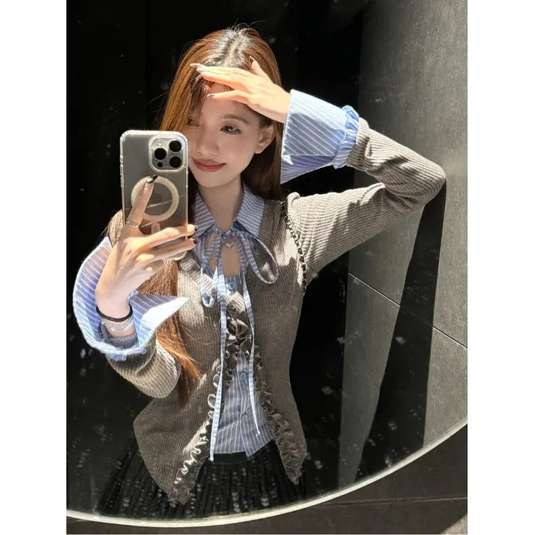 学院风修身型辣妹风条纹拼接衬衫显瘦女装法式针织秋季长袖设计感