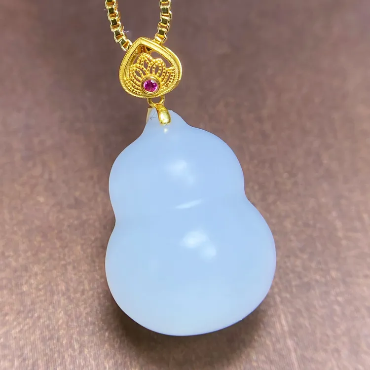 天然和田玉精品白玉羊脂白级立体胖胖葫芦18K金扣吊坠挂件女@0071