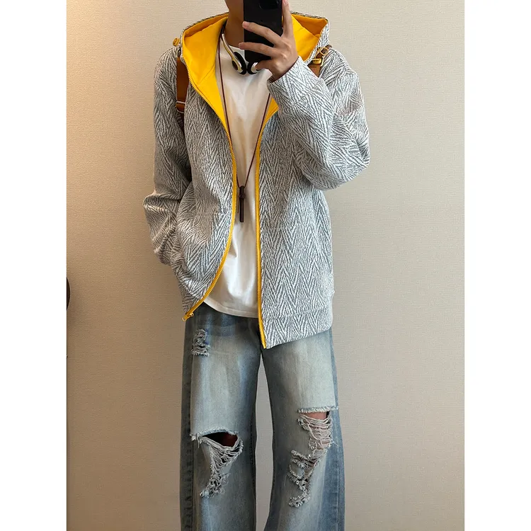 美式复古撞色卫衣男女秋季新款cleanfit设计感小众外套人字纹上衣