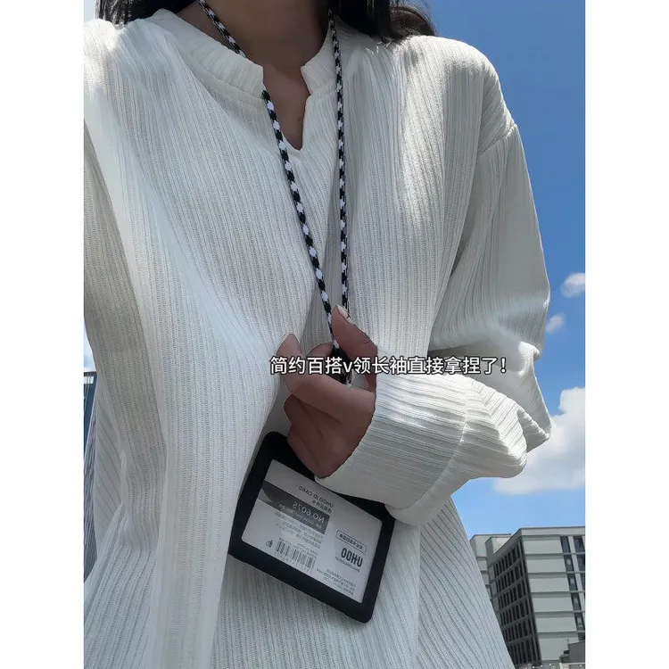 肌理感v领竖条纹卫衣男女款秋季美式复古松弛感长袖T恤内搭打底衫